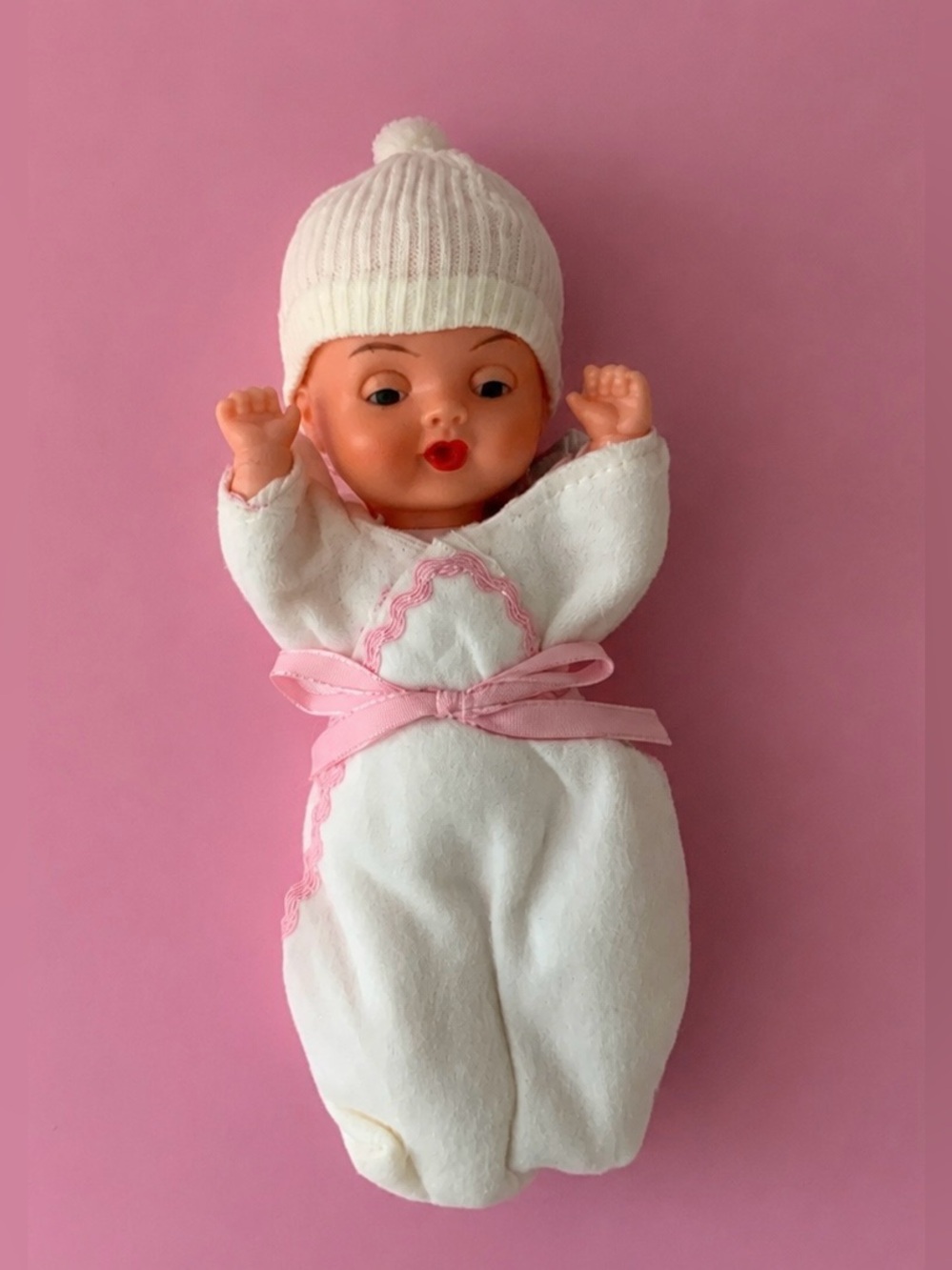 Vintage 70s Baby Doll in White and Pink Outfit